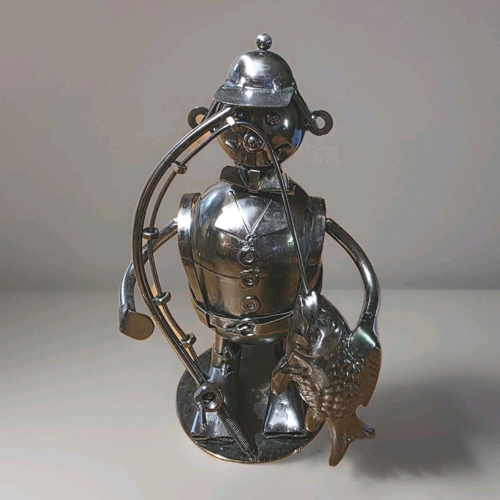 Fisherman Fishing Recycled Metal Art Sculpture Figure Assemblage
